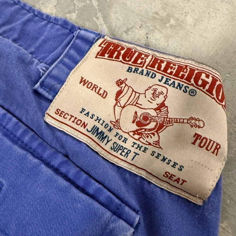 True Religion Cargo Pants Mens 40 Blue Good Embroidered Buddha Wide Leg Baggy